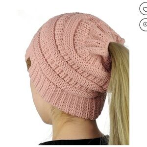 Ponytail Beanie Hat C.C BeanieTail Soft Stretch Cable Knit Messy High Bun Pink